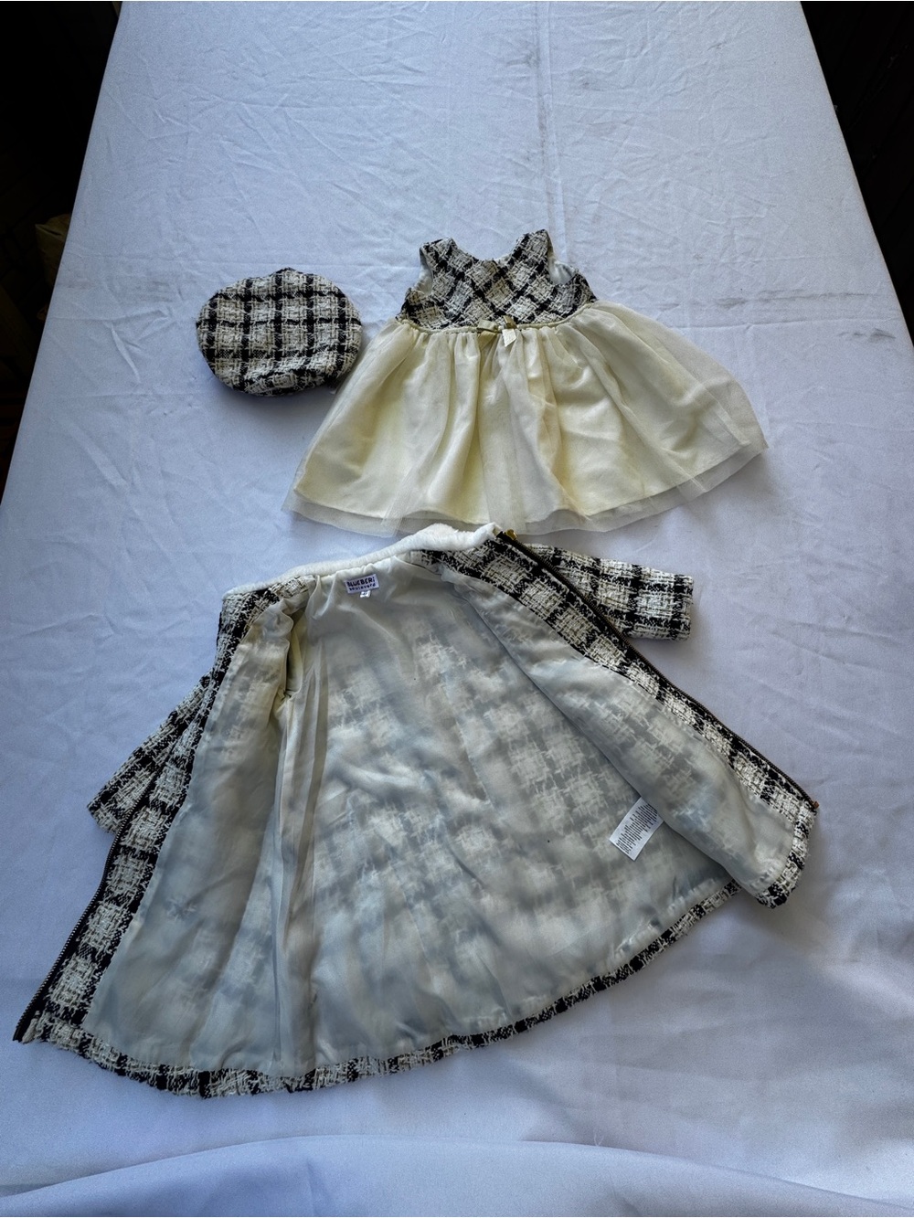 Blueberi 3 Piece Tweed Dress, Coat & Beret Set in Cream and Black 2T
